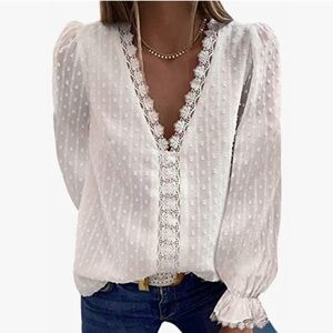 FARYSAYS Women’s Long Sleeve Lace Top V-Neck Polka Dot Flowy Blouse Size M White